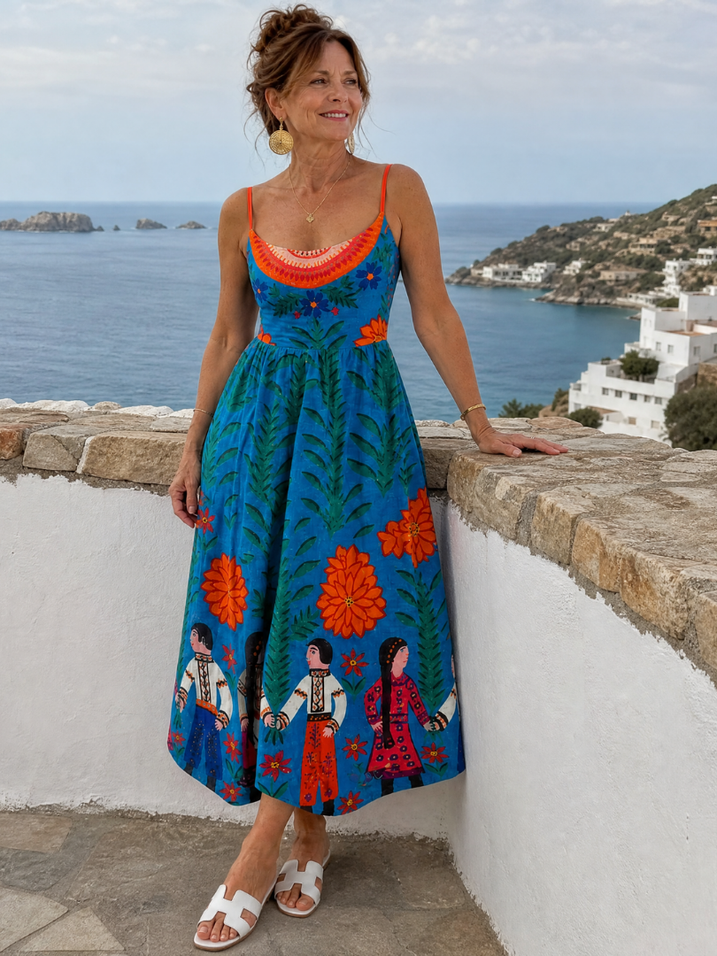 NORIA | Vestido de largo medio sin mangas con estampado folk