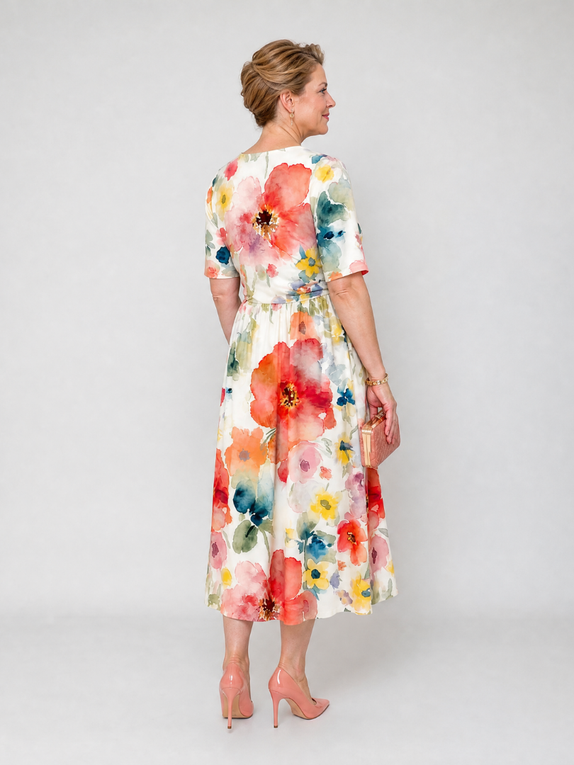 NORIA | Vestido de largo medio de manga corta con estampado floral y escote en V