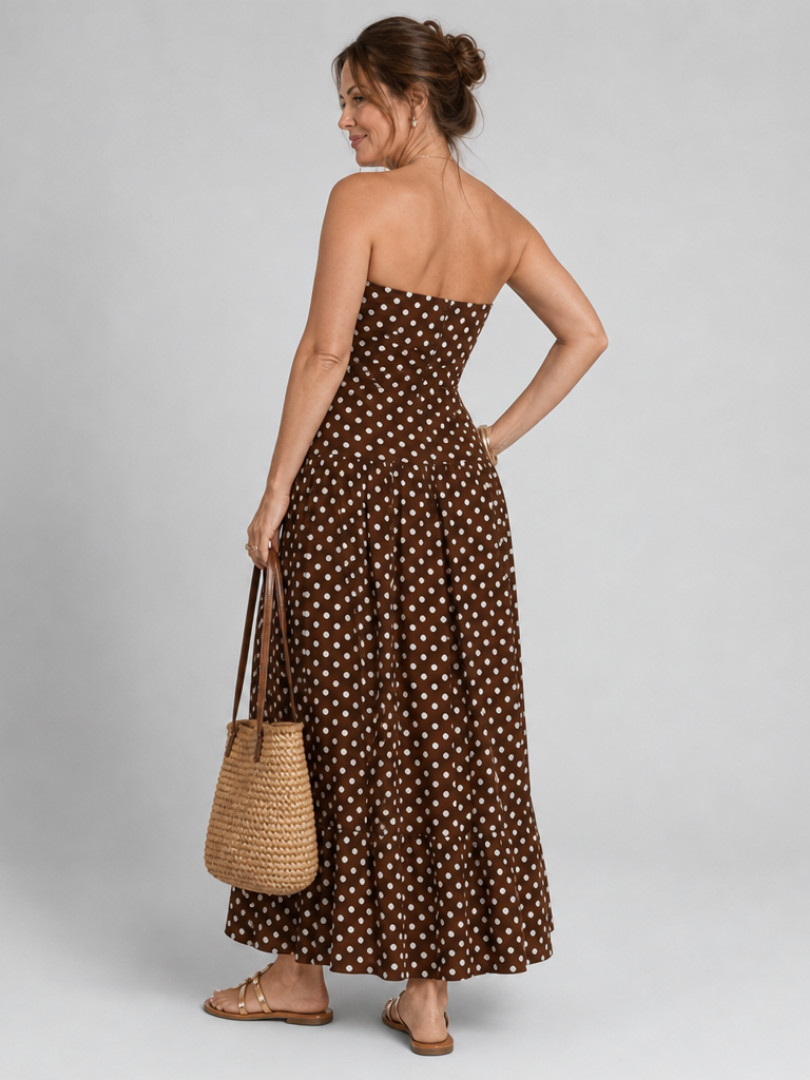 NORIA | Vestido de largo medio sin tirantes con estampado de lunares