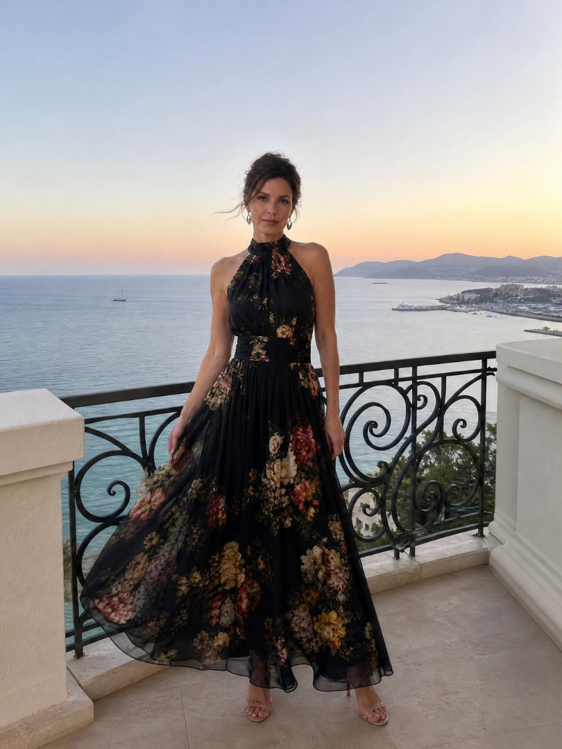 NORIA | Vestido de largo medio floral con escote al cuello