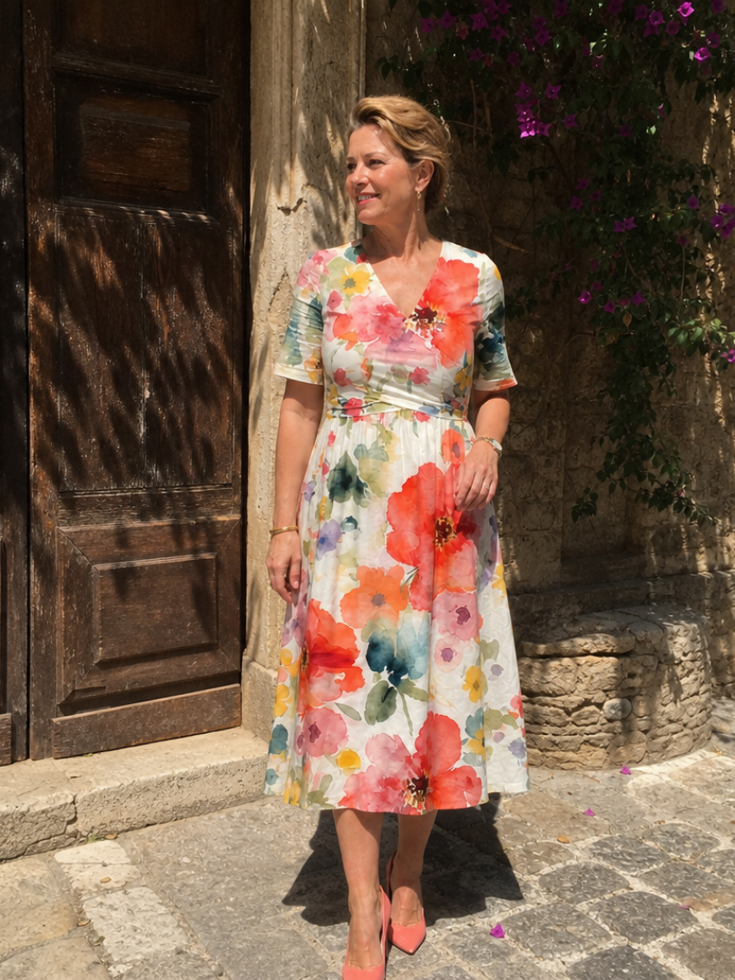 NORIA | Vestido de largo medio de manga corta con estampado floral y escote en V