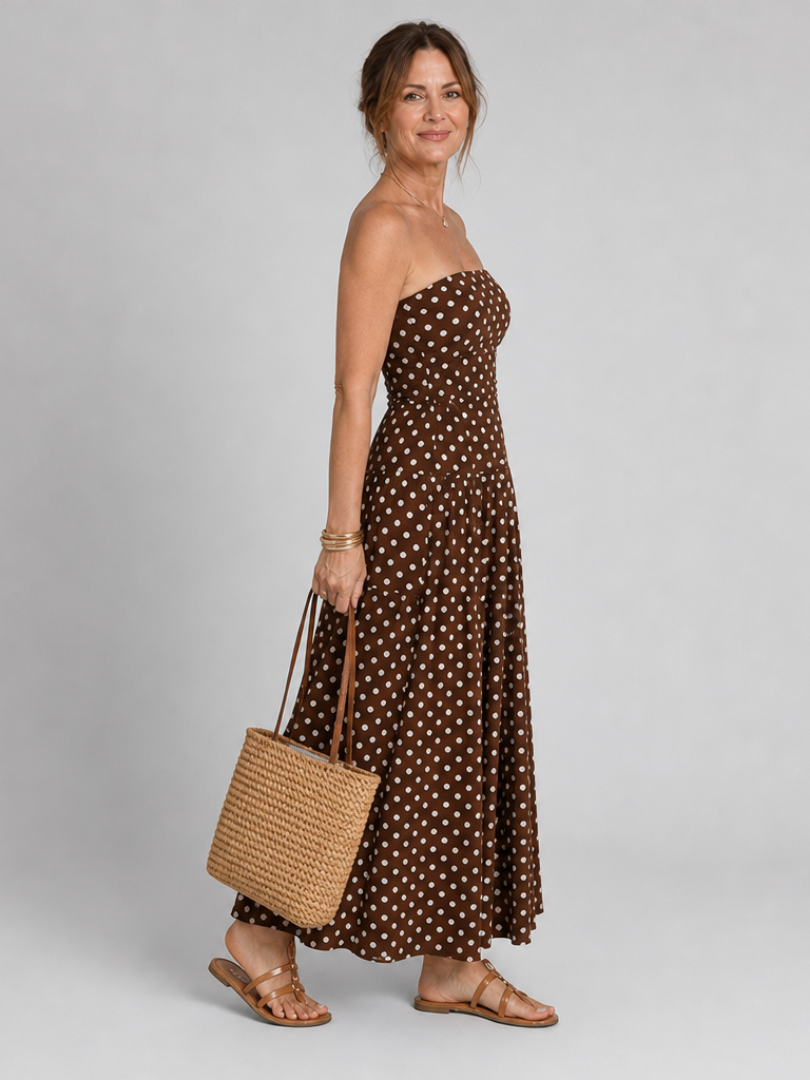 NORIA | Vestido de largo medio sin tirantes con estampado de lunares