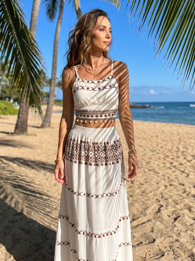 NORIA | Vestido de largo medio de tirantes finos con detalles bordados
