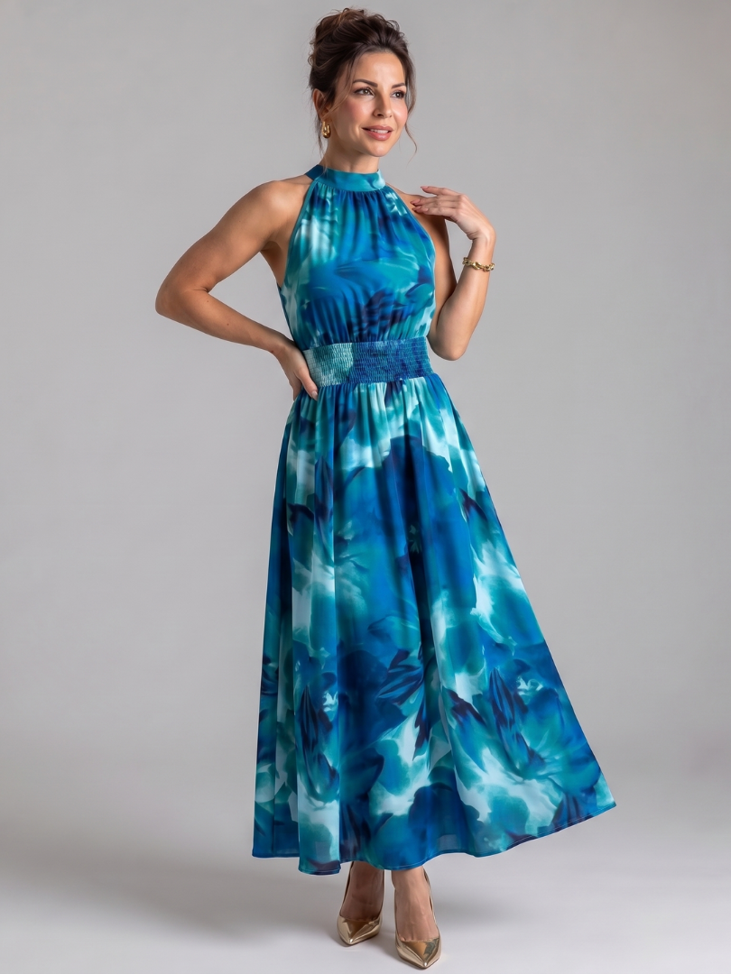 NORIA | Vestido de largo medio con estampado abstracto y cintura drapeada