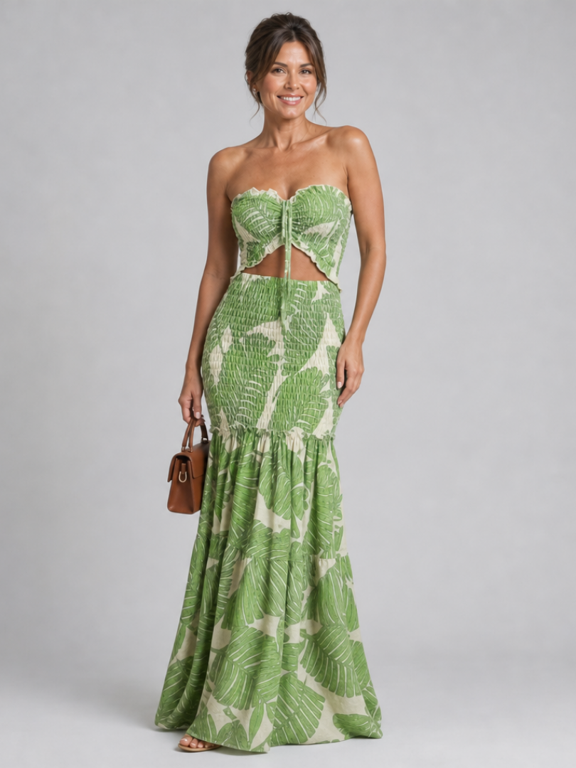 NORIA | Conjunto de vestido largo estampado sin tirantes