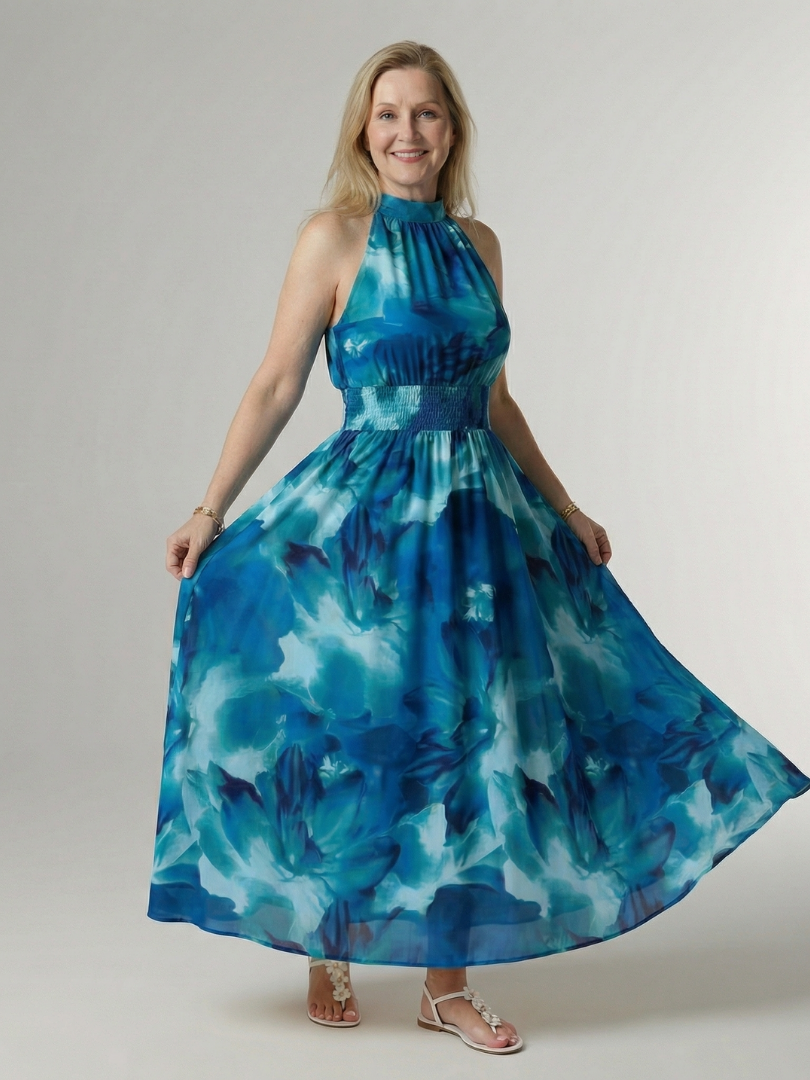 NORIA | Vestido de largo medio fruncido con escote al cuello