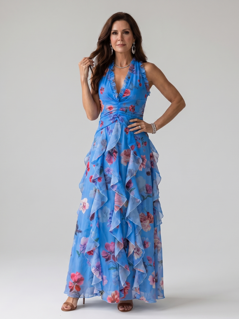 NORIA | Vestido largo floral con escote al cuello y cuerpo fruncido