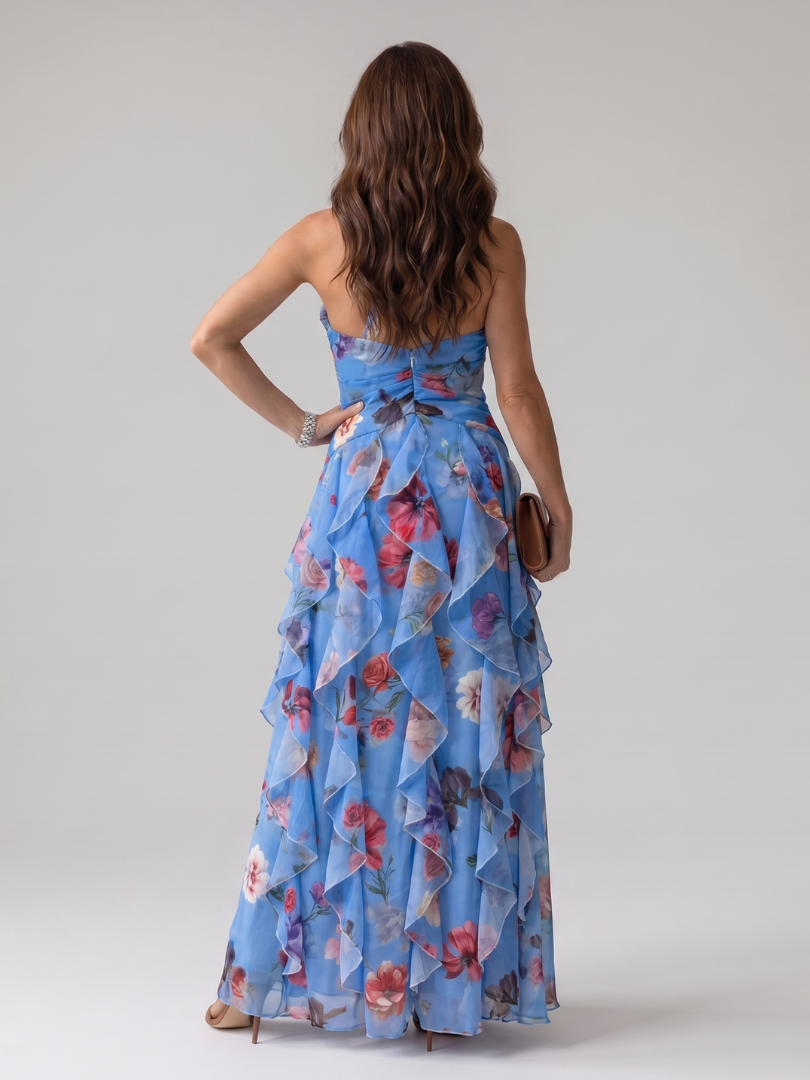 NORIA | Vestido largo floral con escote al cuello y cuerpo fruncido