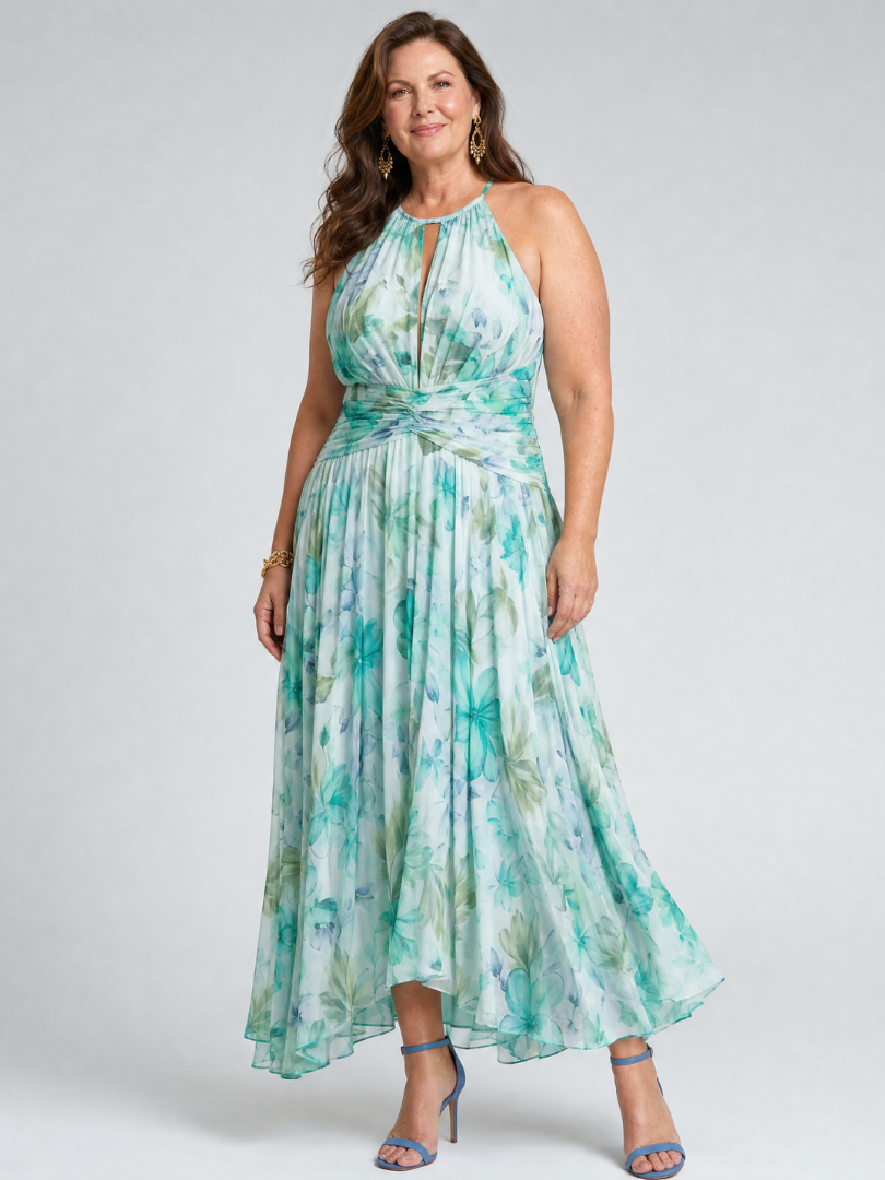 NORIA | Vestido de largo medio plisado de tirantes con delicado estampado floral