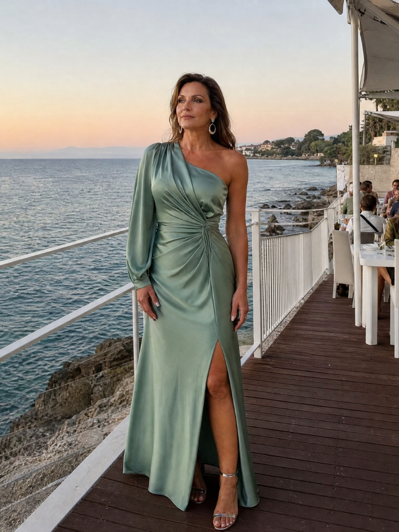 NORIA | Vestido largo drapeado con hombro descubierto