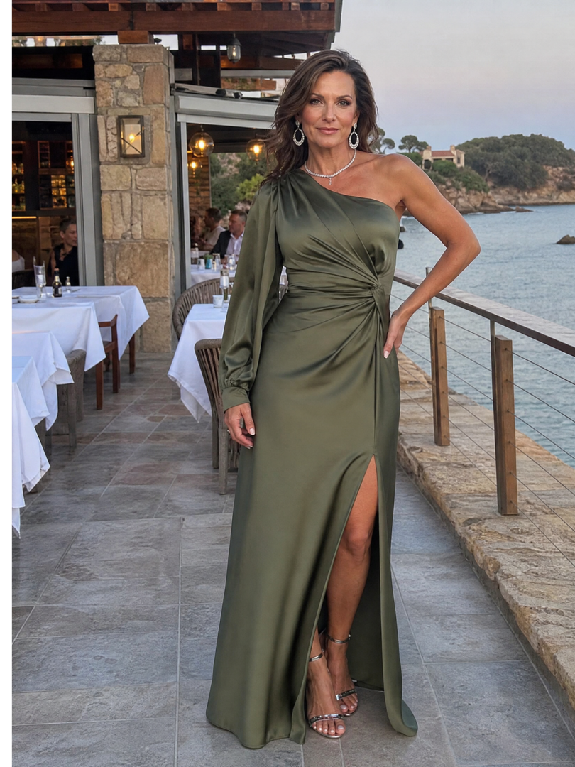 NORIA | Vestido largo drapeado con hombro descubierto