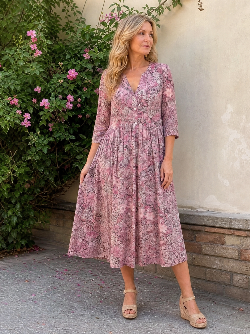 NORIA | Vestido de largo medio retro de manga tres cuartos