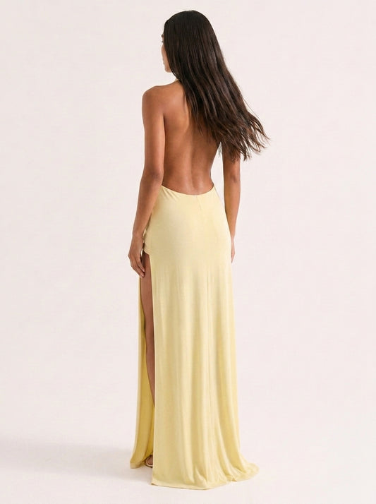 ÉLÉA – Robe longue drapée jaune pastel